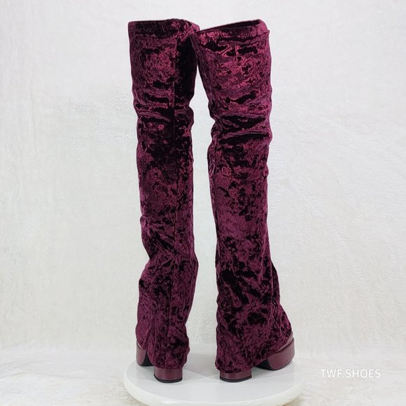 Good Will Unique Thigh High Wine Red Velvet Fold over Chunky Heel Platform Boots - Picture 3 of 10